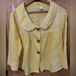 NWOT Harve Bernard Embroidered Linen Swing Jacket L Yellow Pockets Coastal Beach